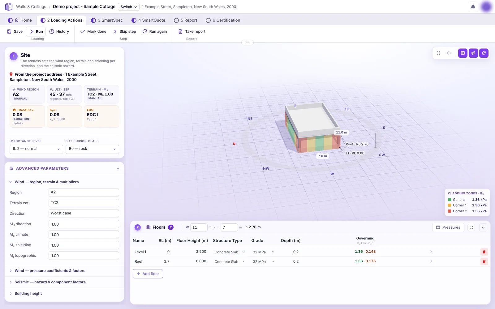 The Loading step: the site wind region and seismic hazard, a 3D model of the building and a table of floors with governing pressures