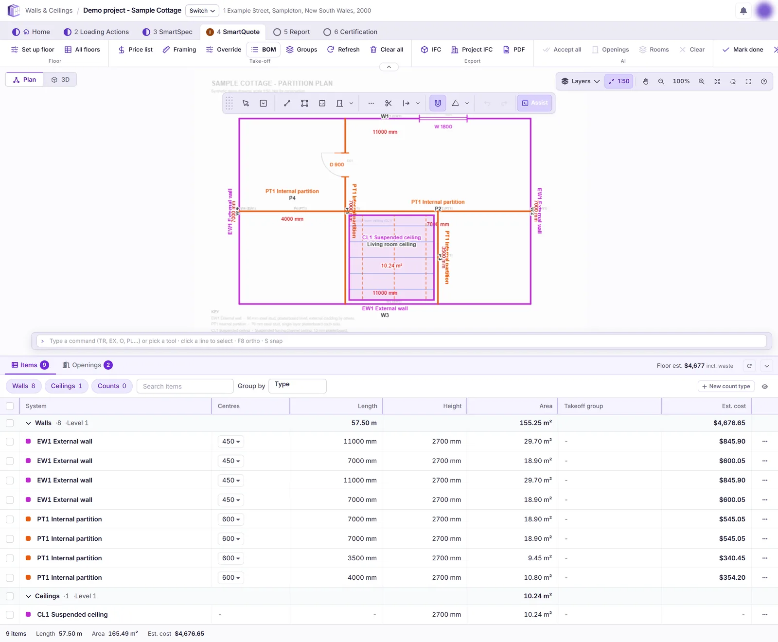 SmartQuote with walls, ceilings and openings detected on a floor plan and a priced take-off table beneath it