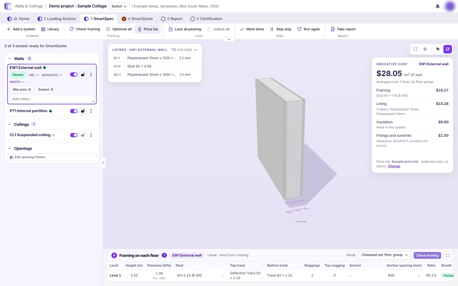 SmartSpec with a 3D wall system and its layers, an indicative cost per square metre and the framing check for each level
